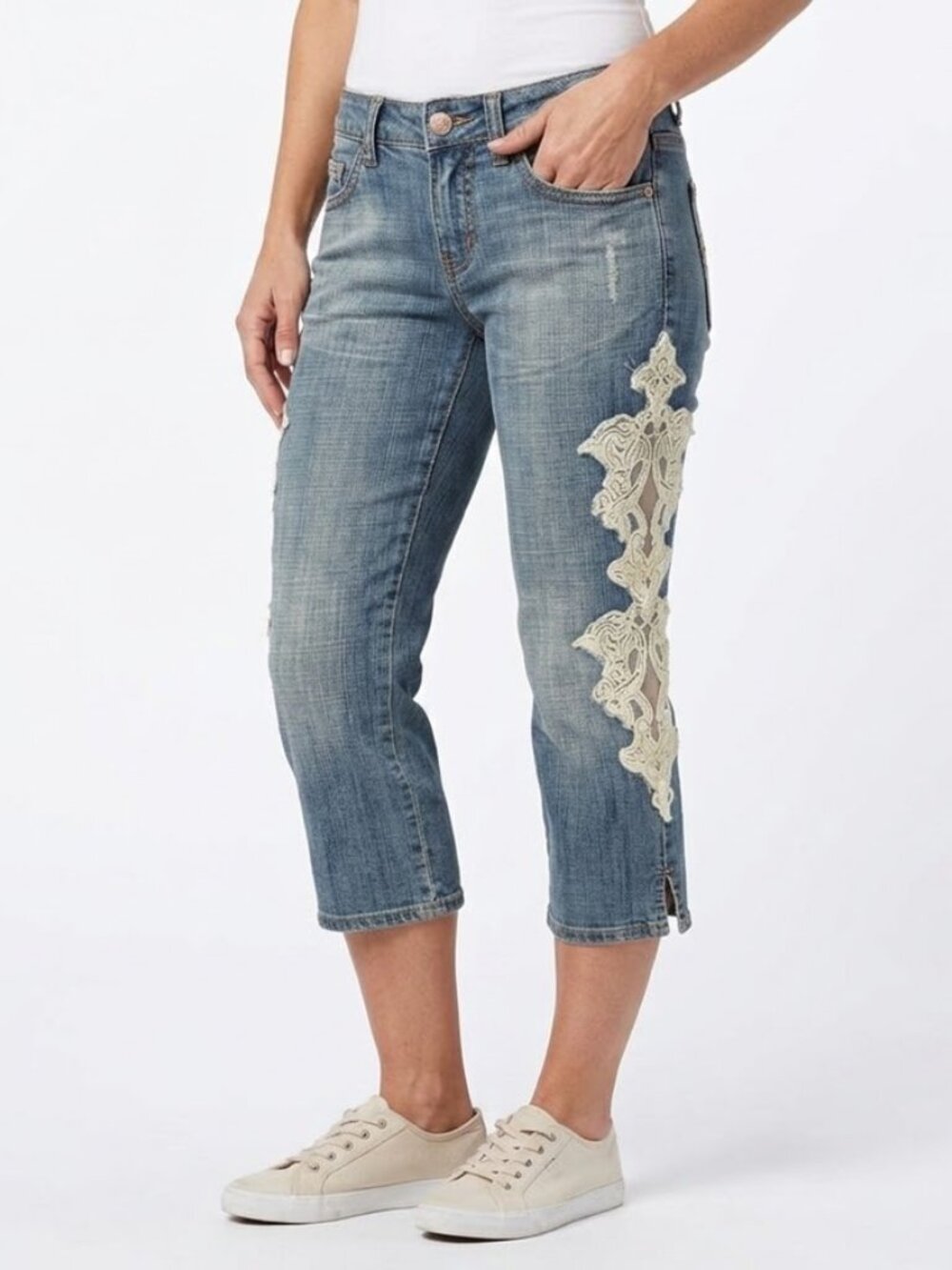 Fried Denim Women's Jeans Size 1/2 Lace Capri Crop Distressed Light Wash Stretch